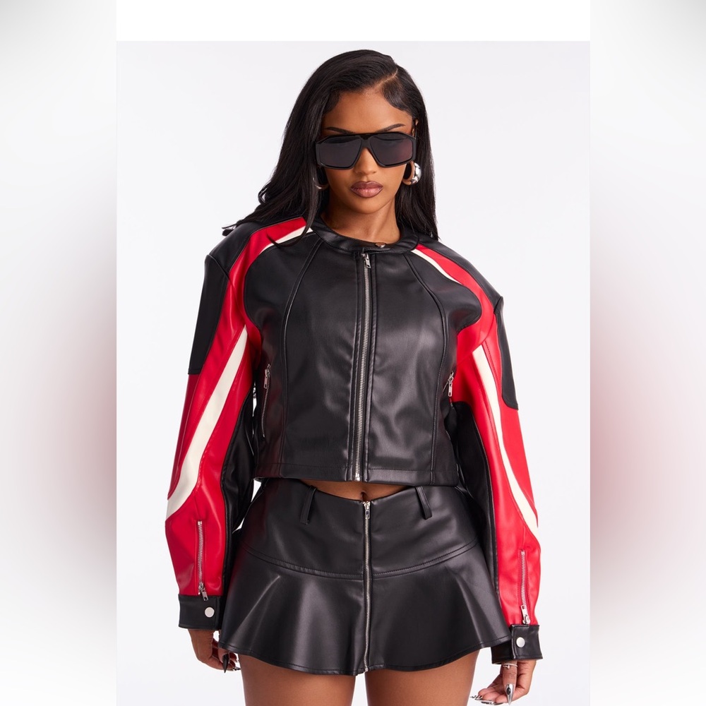 Fashion Nova Black and Red Leather Jacket